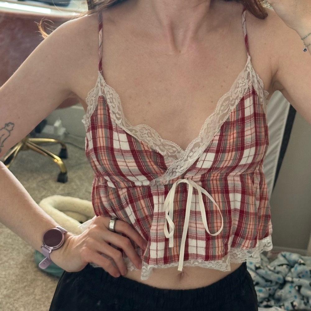 American Eagle Red Plaid Lace-Trim Lined Cami Babydoll Top